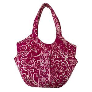 Vera Bradley Side By Side Tote Twirly Birds Pink & White Quilted Bag 2 handles